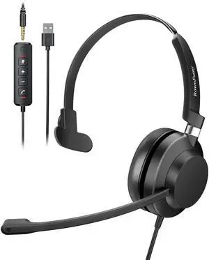 Rownfusny Single Ear Wired Headset, USB Plug & 3.5MM Plug