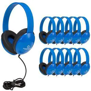 Egghead Heavy-Duty Kids' Headphones with Padded Ear Cups and 6' Cord, Adjustable Tangle-Free Plastic Classroom Headphones for Kids, Pack of 10, Blue