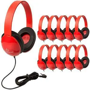 Egghead Heavy-Duty Kids' Headphones with Padded Ear Cups and 6' Cord, Adjustable Tangle-Free Plastic Classroom Headphones for Kids, Pack of 10, Red