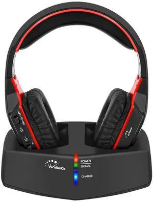 WallarGe Wireless Headphones for TV Watching with RF Transmitter Charging Dock, Plug and Play, 100 Ft Wireless Range, Rechargeable 20 Hour Battery (Black with Red)