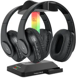 WallarGe Dual Wireless Headphones for TV Watching with RF Transmitter, Bluetooth Over-On Ear TV Headphones Wireless for Seniors, No Lip-Sync Delay, Plug & Play. Set of Two