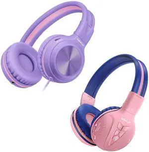 SIMOLIO Kids Headphones Wired & Bluetooth Bundles, Safe Volume, HD Mic Stereo Sound, Adjustable Headband, Over Ear Foldable Durable Children Headsets for Travel School