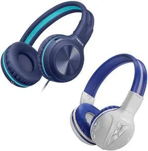 SIMOLIO Kid Headphones Wired & Bluetooth Bundles, Safe Volume, HD Mic Stereo Sound, Adjustable Headband, Foldable Durable Children Headsets for Travel School