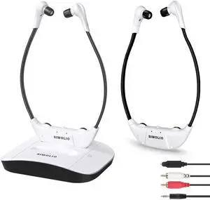 SIMOLIO 2.4G Wireless TV Headsets with Spare Battery and Receiver, Long-Distance TV Headphone with Voice Highlighting, Tone and Balance Control for Seniors