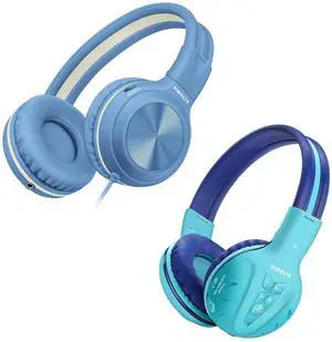 SIMOLIO Kid Headphones Wired & Bluetooth Bundles, Safe Volume, HD Mic Stereo Sound, Adjustable Headband, Foldable Durable Children Headsets for Travel School