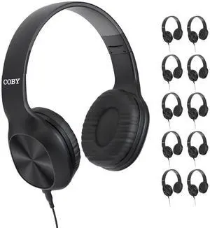Coby Wired Headphones, 10-Pack, Folding On-Ear Headset with Microphone, Cushioned Earpads, Bundle Headphones for Gaming, Schools, Call-Centers, Customer Service, in-Line Call Control (No Boom Mic)