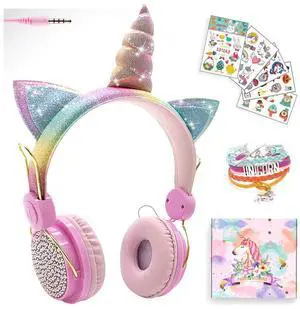 SVYHUOK Girls Pink Unicorn Wired Headphones,Cute Cat Ear Kids Game Headset for Boys Teens Tablet Laptop PC,Over Ear Children Headset withMic,for School Birthday Xmas Gifts