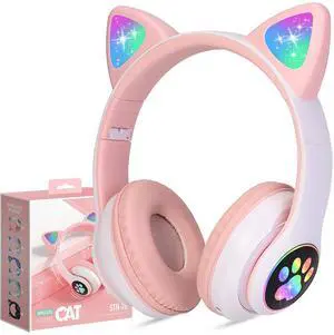 TCJJ Kids Wireless Headphones - Cat Ear LED Light Up, Bluetooth 5.4, Safe Volume Limit, Noise Cancelling with Mic & TF Card for Girls Boys Toddlers School (Pink)