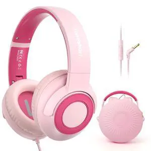 TONOSHARK Kids Wired Headphones with Microphone, Volume Limited to 85/94dB Pink Earphone for Girls, Foldable 3.5mm Jack Headset for School & Travel, Includes Portable Case