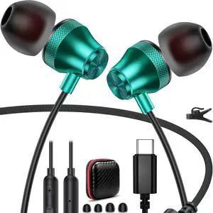 USB C Headphones Type C Earbuds for iPhone 16e 16 Pro Max 15 In-Ear Noise Canceling Volume Control Mic Android Wired Earphone for iPad 10 Samsung Z Flip 7 Fold S25 A16 S24 S23 S22 A36 Pixel 9 9a Green