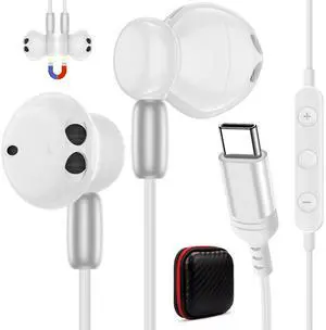 USB C Headphone with Mic for iPad A16 Samsung Galaxy Z Flip 7 Fold 6 S25 S24 S23 A36 In-Ear Noise Canceling Magnetic Earbuds Android Type C Wired Earphone for iPhone 16 Pro Max 16e 15 Pixel 9 9a White