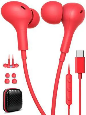 Wired Earbuds USB Type C Headphone for iPhone 16e 16 Pro 15 Plus Samsung Galaxy Z Flip 7 Fold 6 S25 S24 S23 A36 In-Ear Noise Canceling Magnetic Headset Android Earphone for iPad A16 Pixel 9 9a 8 7 Red