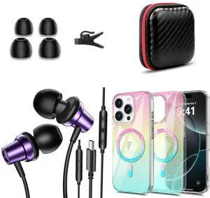 TOPAUX for iPhone 16 Pro Max Case Bling Glitter, USB C Headphone for iPhone 16 Pro Max 15 Plus Type C Wired Earbuds with Mic Volume Control School Kid Adult Laptop in-Ear Noise Canceling Android