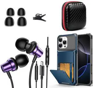 TOPAUX for iPhone 16 Pro Max Case Wallet, USB C Headphone for iPhone 16 Pro Max 15 Plus Wired Earbuds with Mic Volume Control School Kid Adult Laptop in-Ear Noise Canceling Android Type C Earphone