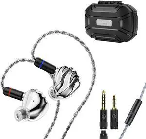 TRN Shell 4DD Planar Hybrid HiFi Wired Earphones with Microphone - 2025 New Headphones, 2-Pins Detachable Cable & 3 Interchangeable Nozzles (Silver)