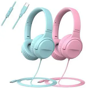 VkingMoR Wired Type-C Headphones for Boys/Girls with 94dB Safe Volume Limited, HD Stereo Sound Foldable Over-Ear Headphones for Tablet/School/Travel(2 Pack)