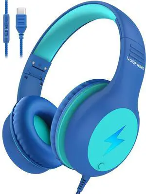 Voopwink Kids Headphones Wired with Microphone, USB-C, Over Ear, Blue, Volume Limited for School/Travel/Tablet/iPad