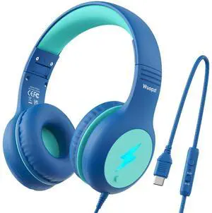Wuopzf Kids USB C Headphones for School, 2025 Upgrade Safe Listening Wired Over-Ear Headphones with LED Lights, Volume Limiter & Microphone, Foldable Design for iPhone 16, iPad, Tablet Learning