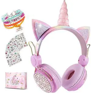 Unicorn Wireless Headphones for Kids,Cat Ear Bluetooth 5.0 Over Ear Headphones with Microphone for Cellphone/iPad/Laptop/PC/TV/PS4/Xbox One, Foldable Gaming Headset for Girls Teens Gift (pink)