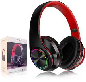YTDTKJ Bluetooth Over Ear Headphones, Foldable LED Stereo Headphones with Built-in Microphone, Noise-Cancelling Wireless Headset for PC/Smart Phone/TV (Black & Red)
