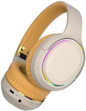 YPENSLZX Bluetooth Headphones with RGB Lights, Foldable Wireless Over-Ear Headphones with Hidden Mic for Cell Phone, PC, Laptop, Suitable for Music, School, Workouts, and Gaming (Khaki)