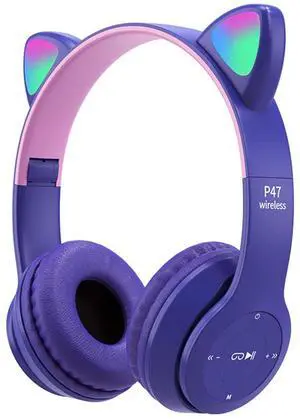 Yuhoo Kids Headphones, Cat Ear LED Light Up Bluetooth 5.0 Foldable Wireless Gaming Headset for Kids Adult, Comfortable Built-in Mic Noise Cancelling Over Ear Headphones(Purple)