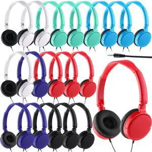 Yunsailing 18 Pack Classroom Headphones Bulk Student Wired Class Headphones Set for Kids School with Individually Wrapped Adjustable Over Ear Head Earbuds(Multicolor)