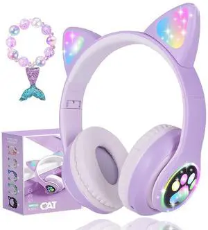 kuyaon Wireless Cat Ear Headphones for Kids, LED Light Up Kids Girls Bluetooth Headphones with Microphone for School/Travel/Sports/Gaming/Gifts/Christmas (Purple)