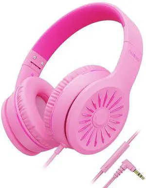 NIVAVA Wired Headphones with Microphone, K16 On-Ear Headphones for Kids with 3.5MM Jack, Foldable Stereo Bass Headphones for Teens School  Kindle, Fire, Chromebook, Tablet(Pink Red)