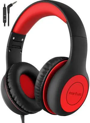 EarFun Kids Headphones Wired with Microphone, 85/94dB Volume Limit Headphones for Kids, Portable Wired Headphone with Shareport, Stereo Sound Foldable Headset for School/Tablet/iPad/Kindle, Black Red