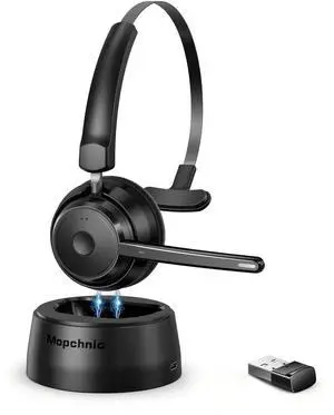 Mopchnic Bluetooth Headset, Wireless Headphone with AI Noise-Canceling Microphone for Computer, On Ear Bluetooth Headset with USB Dongle for Office Call Center Skype Zoom Meeting Online Class (Black)