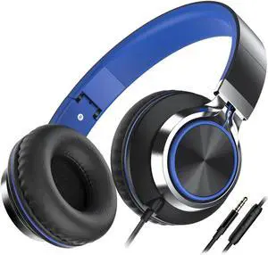 AILIHEN C8 Headphones Wired, On-Ear Kids Headphones with Microphone and Volume Control Foldable Corded Stereo 3.5mm Headset for School Teens Smartphones Chromebook Laptop Tablets Travel (Black Blue)