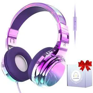 QearFun Headphones for Girls Kids for School,Cool Kids Wired Headphones with Microphone&3.5mm Jack,Teens Noise Cancelling Headphone with Adjustable Headband for Tablet/Smartphones-Gradient Deep purple