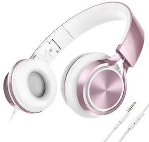 AILIHEN Kids Headphones, Headphones for School Girls Wired On-Ear Headsets with Microphone for Chromebook Laptop Computer, Foldable Adjustable Teen, Tangle-Free, 3.5mm Jack (Rose Gold)
