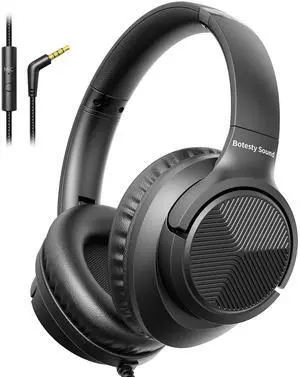 Botesty Sound Headphones Wired with Microphone, Over Ear Foldable 3.5mm Plug in Headphones with 4.9ft Tangle-Free Nylon Cord for Tablet, Laptop, MP3/4, Airplane Travel (Black)