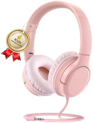 DyBaxa Kids Headphones, Wired Foldable On-Ear Headphones for Kids, Volume Limiter 94dB, Kid Headphones for School Classes Travel, 3.5mm Jack Kids Headset Compatible Smartphones Tablet, Pink