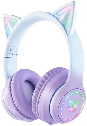 Bluetooth Cat Ear Headphones for Kids & Adults, Wireless & Wired Mode Foldable Headset with Mic - Clear Sound Quality - RGB LED Light, for Girls School Gaming, for Phone/Laptop/PC/Tablet, Purple