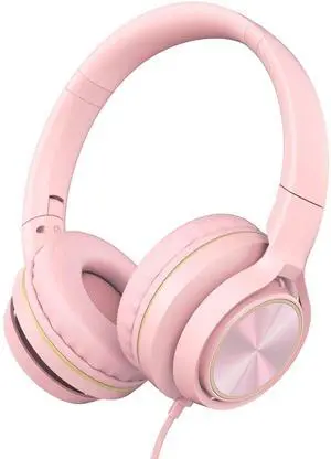 LORELEI S9 Wired Headphones with Microphone for School,On-Ear Kids Headphones for Girls Boys,Folding Lightweight and 3.5mm Audio Jack Headset for Phone, Ipad,Tablet, PC, Chromebook (Pearl Pink)