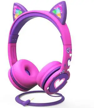 FosPower Kids Headphones with LED Cat Ears (85dB Safe Volume Limit), 3.5mm Soft On-Ear Wired Headphones with Tangle-Free Laced Cables for iPad/Tablet/School/Travel - Hot Pink/Purple