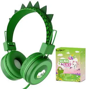 QearFun Dinosaur Headphones for Boys Kids for School,Kids Wired Headphones with Microphone & 3.5mm Jack,Teens Toddlers Noise Cancelling Headphone with Adjustable Headband for Tablet/Smartphones-Green