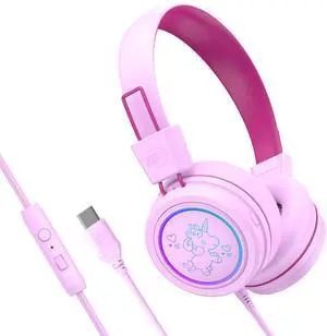 MEE audio KidJamz KJ55 Safe Listening USB-C Headphones for Children with Multicolor LED Lights, Volume Limiter, & Microphone; On-Ear Wired Kids Headset for iPhone 16, iPad, & USB Type C Devices (Pink)