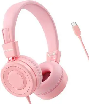 Cowyawn USB Type C Kids Headphones for School, Wired Toddler Headphones, 94dB Volume Limited, HD Stereo Sound, Foldable Lightweight On-Ear Wired Headphones for Kids/Children/Teens/Boys (Light Pink)
