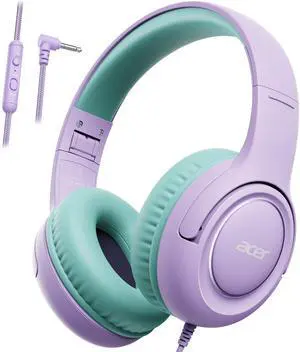 Kids Headphones with Cord for School - Over-Ear 85/94dB Volume Limiter, 3.5mm Jack Foldable Stereo Sound Headset for Toddlers Girls Boy Travel Learning Entertainment Tablet Kindle iPad PC Purple Green