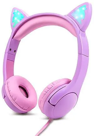 Olyre Kids Headphones, Safe 85db Volume Control Light Up Cat Ear Headphones for iPad Fire Tablet Kindle, On-Ear LED Children Headphones for School Learning Travel - Purple/Pink