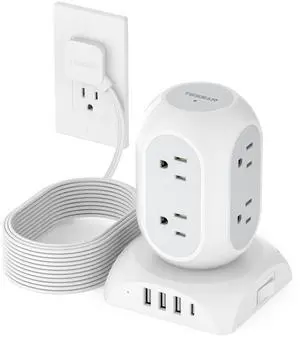 Surge Protector Power Strip Tower, TESSAN Flat Plug Extension Cord 10 Ft with 8 AC Multiple Outlets 4 USB Ports (1 USB C), 1050J Protection Desk Charging Station for Home, Office Supplies, Dorm Room