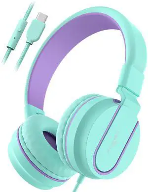 AILIHEN USB C Headphones Wired, I35 Kids Headphones with Microphone and Volume Limited 93dB, Super Soft Type C Headphone for School/Travel/iPhone 15-16/USB C Devices(Green Purple)
