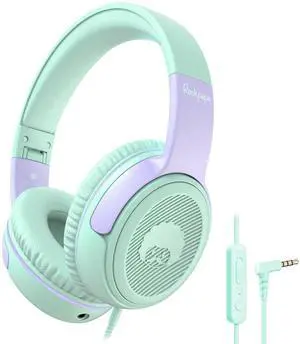 rockpapa Share 1 Kids Headphones Wired with Microphone & Share Port, 85dB/94dB Volume Limited, Cute Foldable Student Child Boys Girls Headphones for School/Classroom/Travel Green/Purple