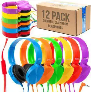 Barks Classroom Headphones with Microphone (12 Pack, Multicolored) - Upgraded On-Ear Bulk Headphones for School: Best for Students K-12 Classrooms (Inline Microphone, Good Recording Quality)