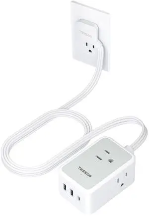 Small Flat Plug Power Strip, TESSAN Ultra Thin Extension Cord with 3 USB Wall Charger (1 USB C), 3 Outlets Mini Charging Station, 5 ft Slim Plug for Cruise Travel Office School Dorm Room Essentials
