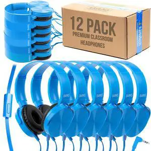 Barks Classroom Headphones with Microphone (12 Pack, Navy) - Upgraded On-Ear Bulk Headphones for School: Best for Students K-12 Classrooms (Inline Microphone, Good Recording Quality)